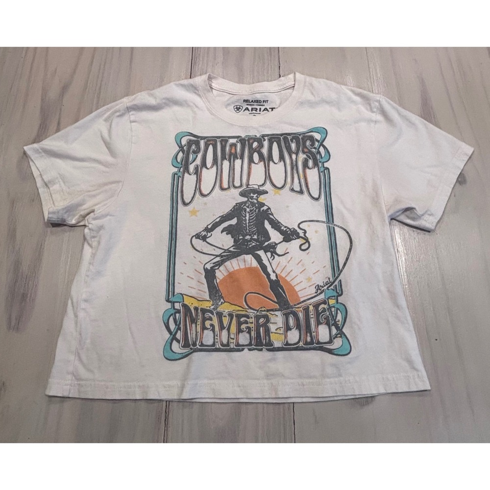 Ariat Women's Cowboys Never Die Graphic T-Shirt Off White Relaxed Fit S Rodeo